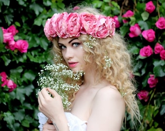 Pink peony flower crown