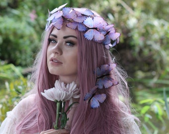 Pastel purple and pink woodland butterfly crown and hair clips.