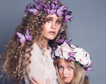 Purple woodland butterfly crown and hair clips. Butterfly tiara.