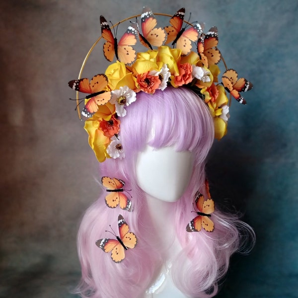 Rouge Pony yellow velvet rose halo butterfly crown