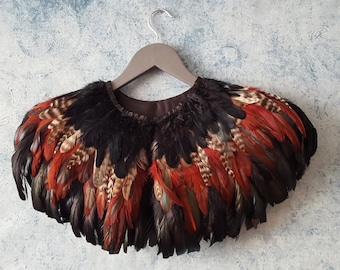 Black and natual and maroon feather shrug, steampunk cape, feathered capulet