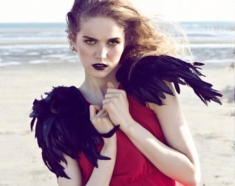 Black feather wings,  iridescent feather epaulette shoulder pieces, black wings, feather shoulders