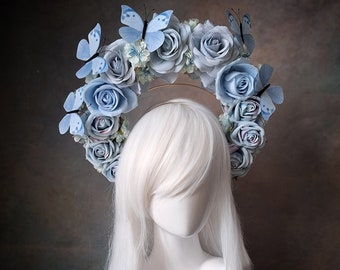 Rouge Pony pale blue velvet rose halo butterfly crown