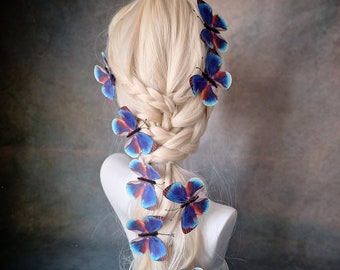 Blue and natural butterfly hair clips