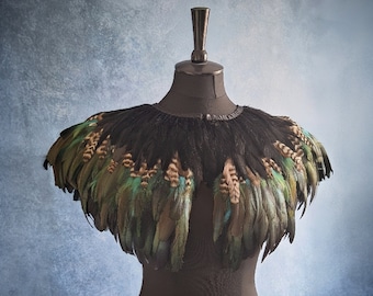 Black, teal and natural feather shrug, steampunk cape, feathered capulet