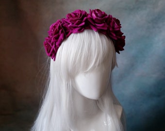 Purple velvet flower hairband, flower crown, rose hairpiece, festival flowers