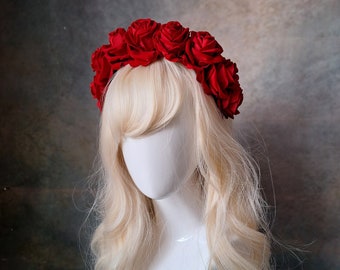 Scarlet red velvet flower hairband, flower crown, rose hairpiece, festival flowers