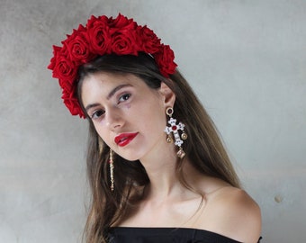 Red Frida Kahlo velvet flower hairband, flower crown, rose hairpiece, festival flowers