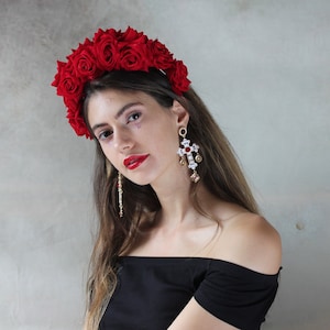 Red Frida Kahlo velvet flower hairband, flower crown, rose hairpiece, festival flowers image 1