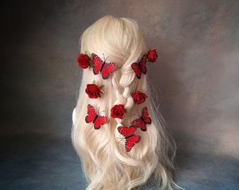 Red rose and butterfly hair clips set