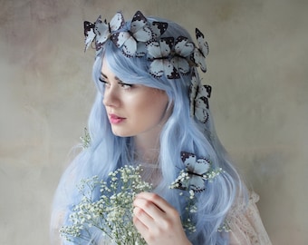 Pale blue woodland butterfly crown and hair clips