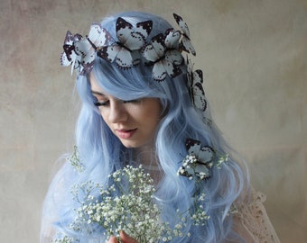 Pale blue woodland butterfly crown and hair clips