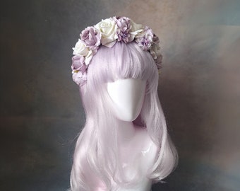 Lilac and cream rose flower crown, floral hairband, hair accessory, hair wreath, festival crown