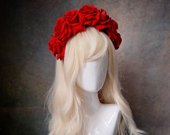 Scarlet red velvet flower hairband, flower crown, rose hairpiece, festival flowers