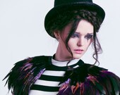 Purple and black feather shrug, steampunk cape, feathered capulet