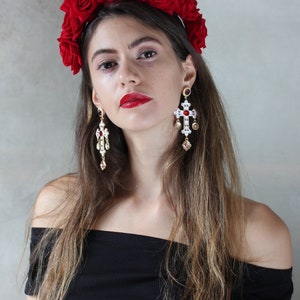 Red Frida Kahlo velvet flower hairband, flower crown, rose hairpiece, festival flowers image 2