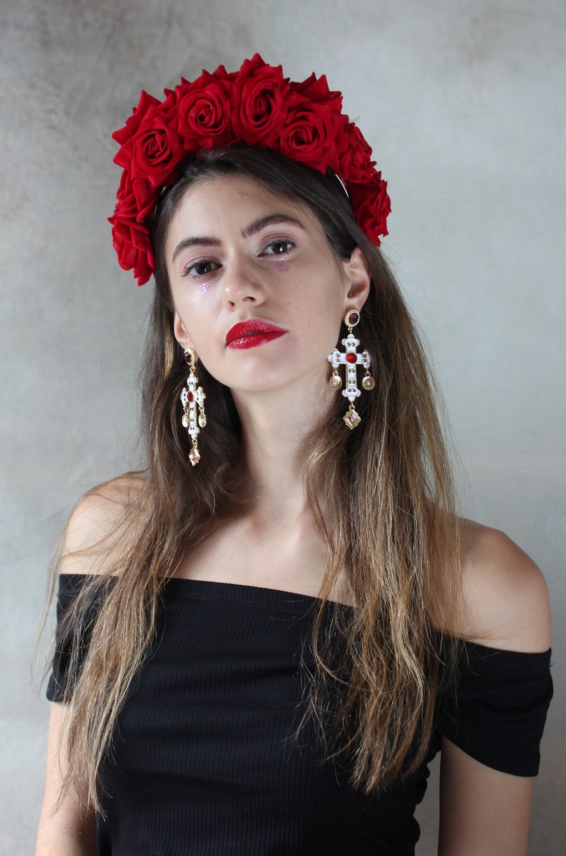 Red Frida Kahlo velvet flower hairband, flower crown, rose hairpiece, festival flowers image 2