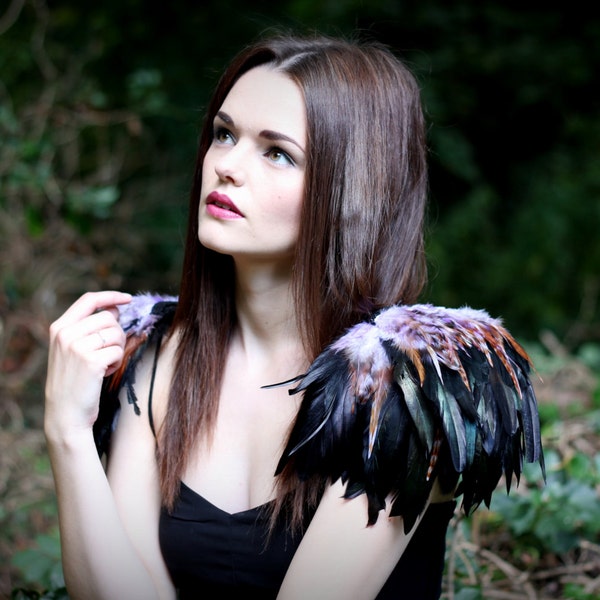 Natural, lilac and black  feather shoulder epaulette, feather wings, tribal feather shoulder pieces