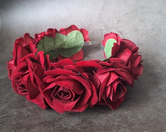 Dark red velvet flower hairband, flower crown, rose hairpiece, festival flowers