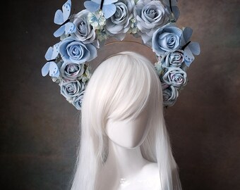 Rouge Pony pale blue velvet rose halo butterfly crown