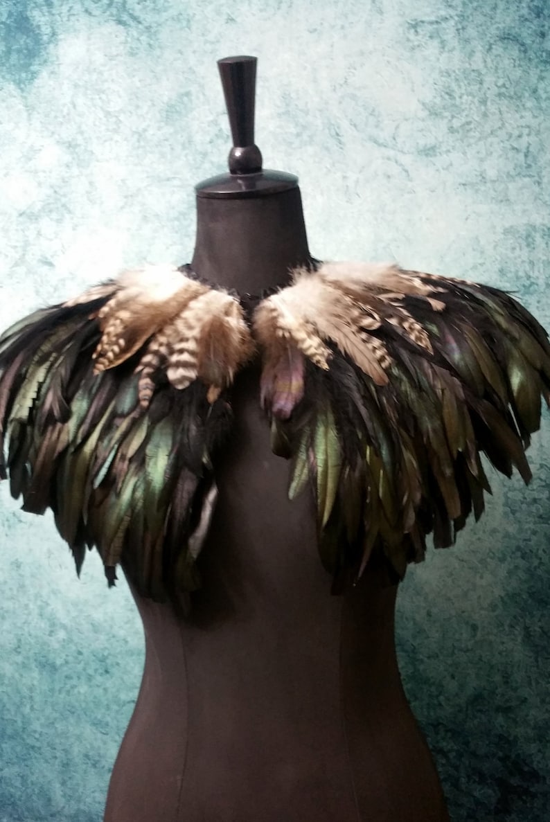 Black and natural feather shrug feathered capulet steampunk cape