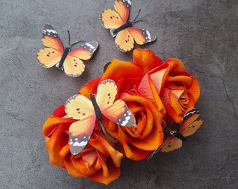 Monarch butterfly rose hair clip, orange delicate hair piece, butterfly clip, vintage flowers