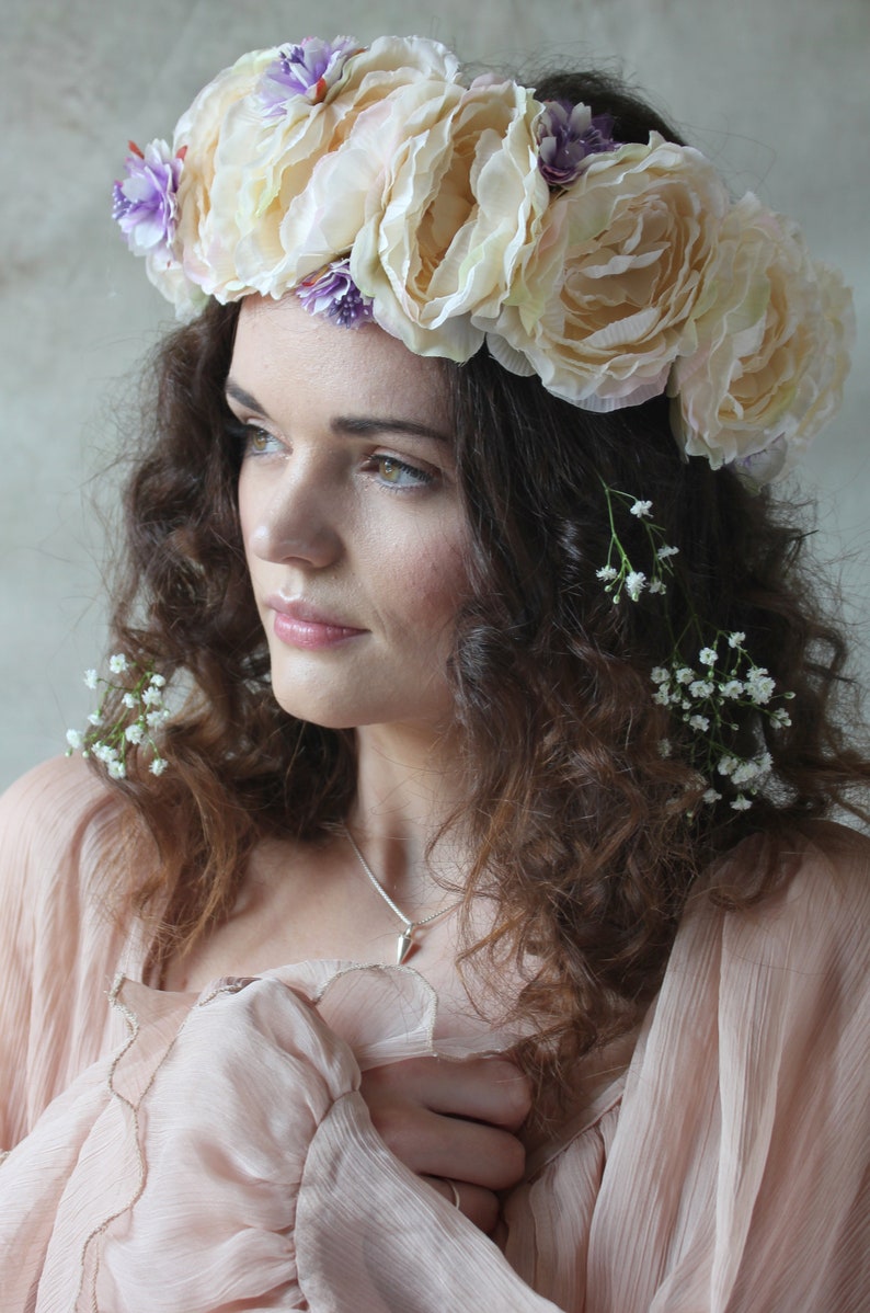 Cream and lilac flower crown, floral garland, wedding headpiece. image 5