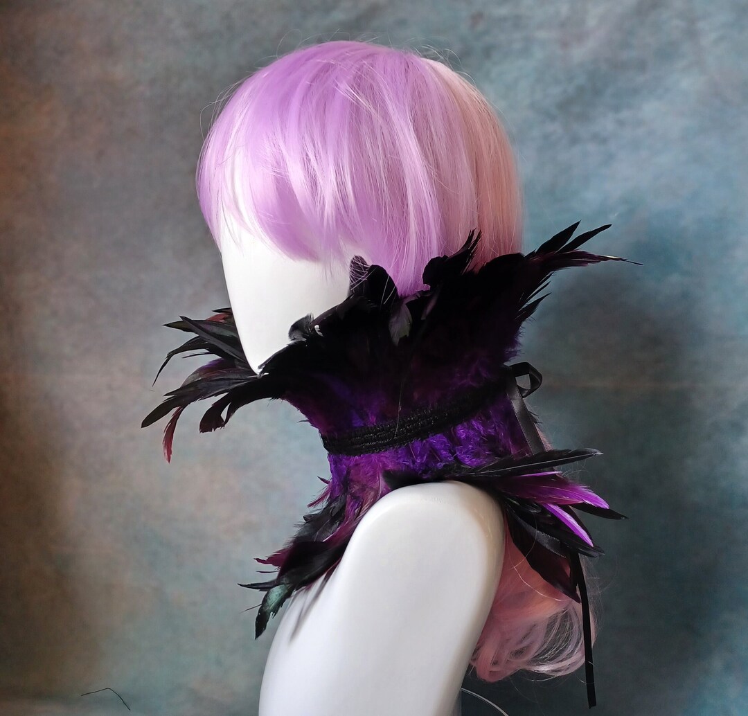 Rouge Pony Black and Purple Feather Neck Corset, Costume Feather