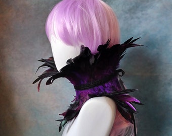 Rouge Pony black and purple feather neck corset, costume feather neckpiece, steampunk neckpiece