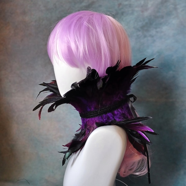 Rouge Pony black and purple feather neck corset, costume feather neckpiece, steampunk neckpiece