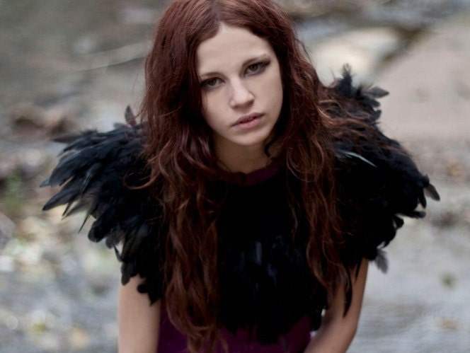 Halloween Black feather shrug, wedding cape, feathered capulet