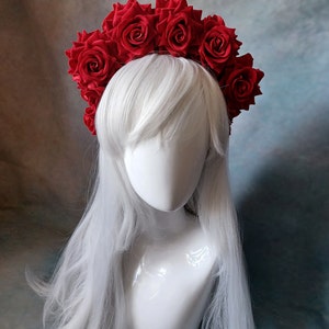 Red Frida Kahlo velvet flower hairband, flower crown, rose hairpiece, festival flowers image 5