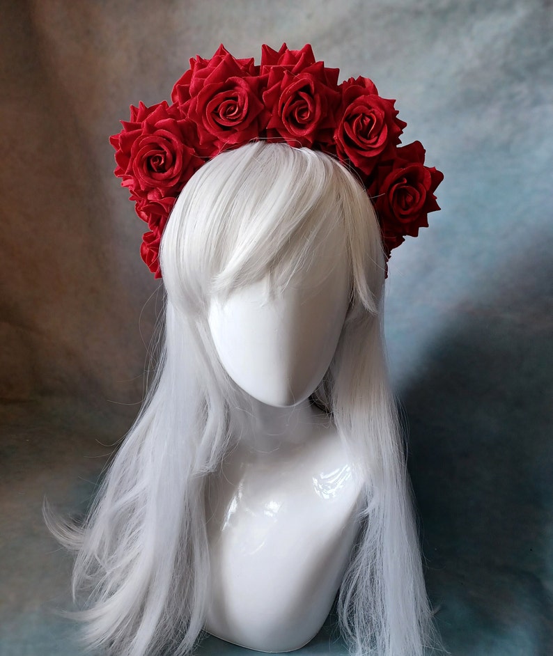 Red Frida Kahlo velvet flower hairband, flower crown, rose hairpiece, festival flowers image 5