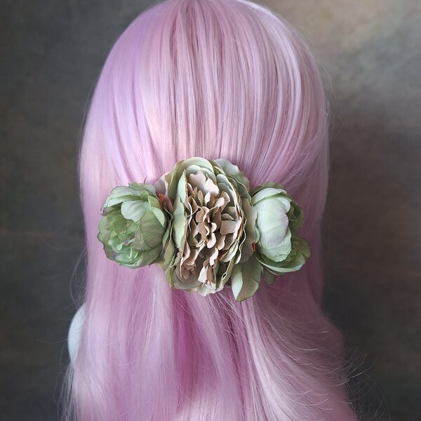 Green floral hair clip, peony flowers, hairpin, bridesmaids hair piece