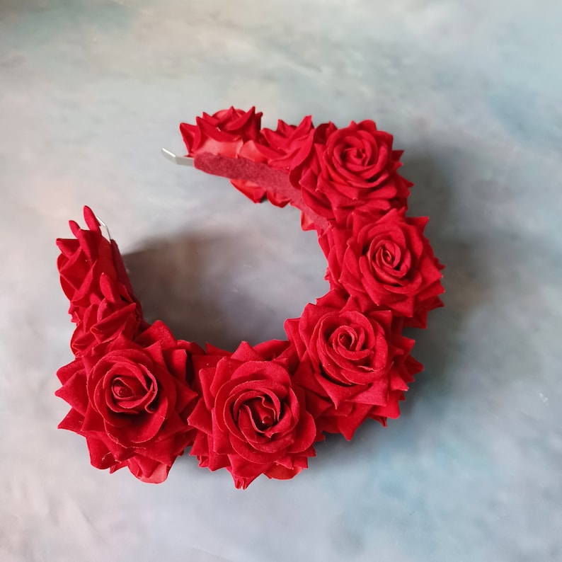 Red Frida Kahlo velvet flower hairband, flower crown, rose hairpiece, festival flowers image 6