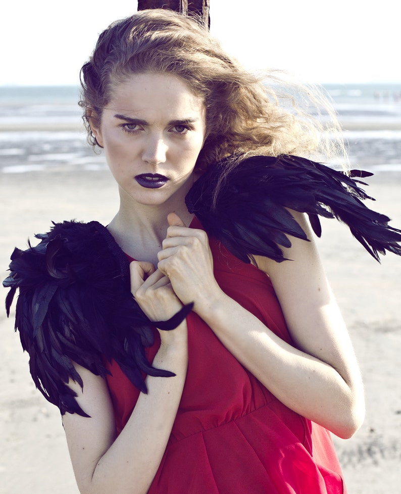 Black feather wings,  iridescent feather epaulette shoulder pieces, black wings, feather shoulders