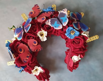 Luxe red velvet flower and butterfly headpiece