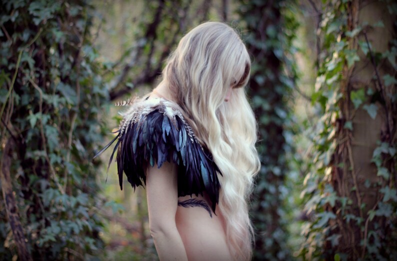 Black and natural feather shrug feathered capulet steampunk cape