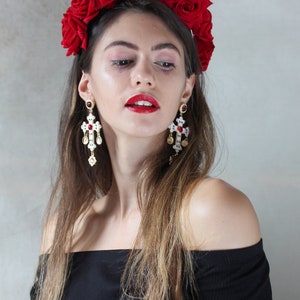 Red Frida Kahlo velvet flower hairband, flower crown, rose hairpiece, festival flowers image 4