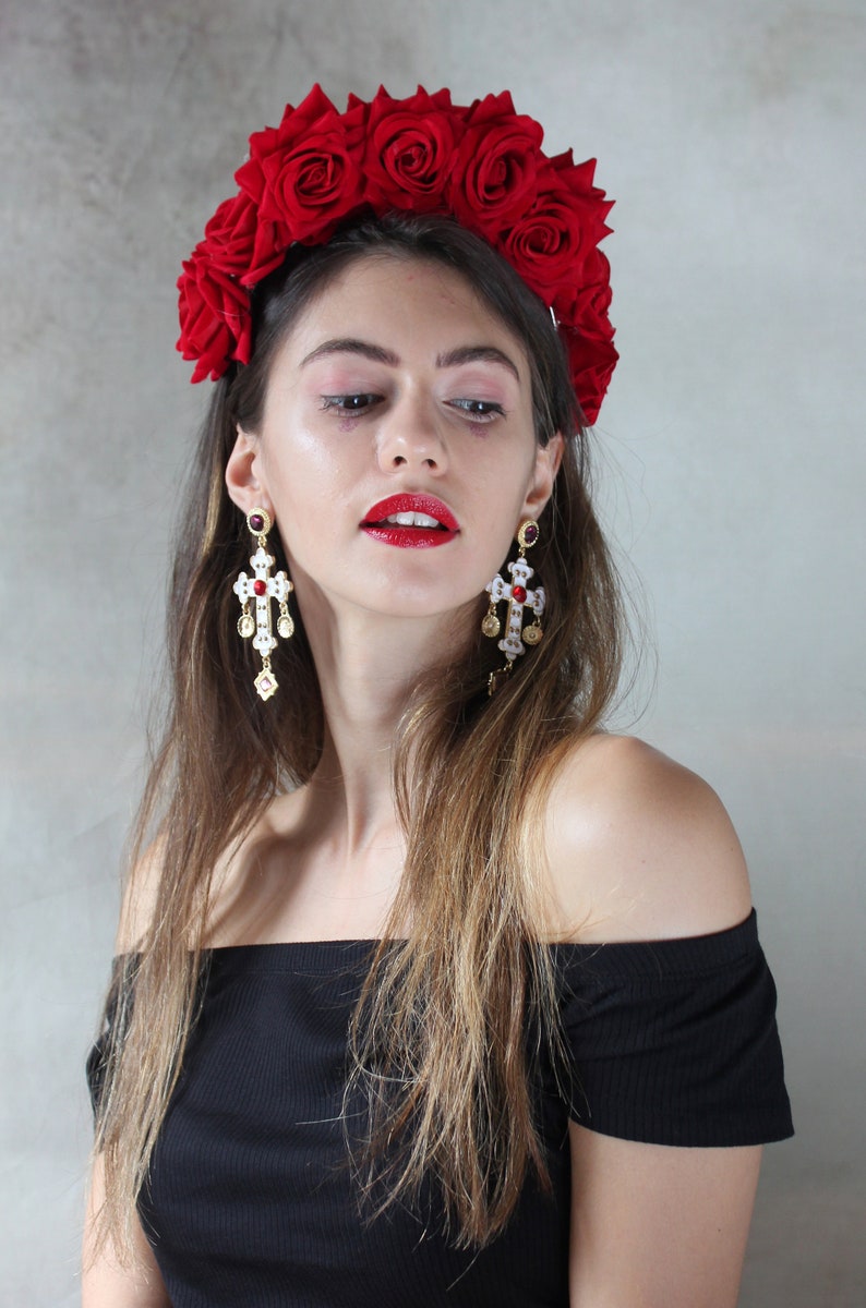 Red Frida Kahlo velvet flower hairband, flower crown, rose hairpiece, festival flowers image 4