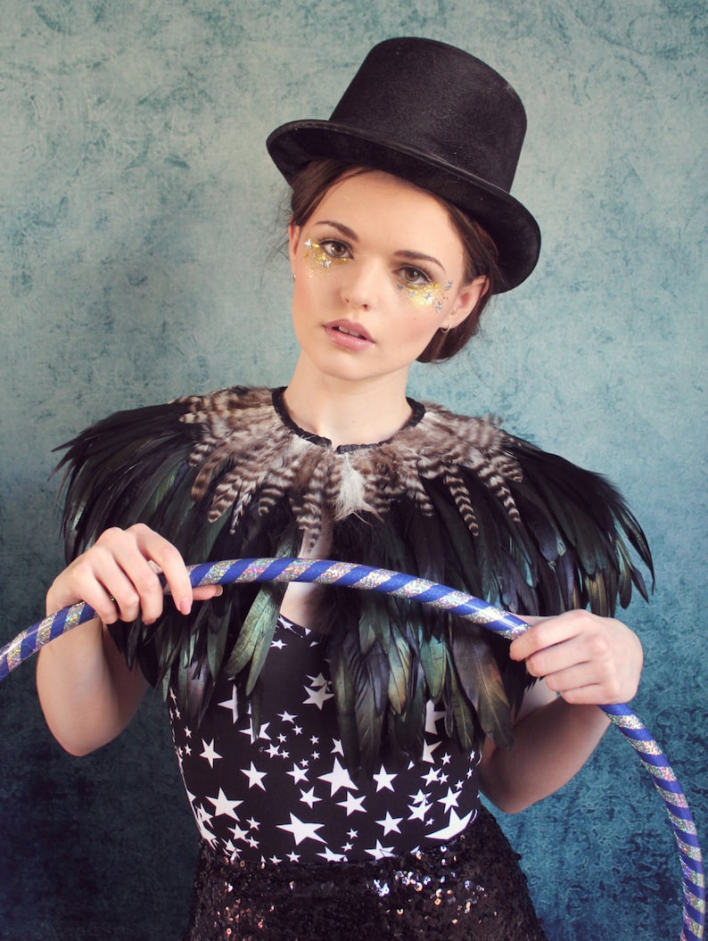 Black and natural feather shrug feathered capulet steampunk cape
