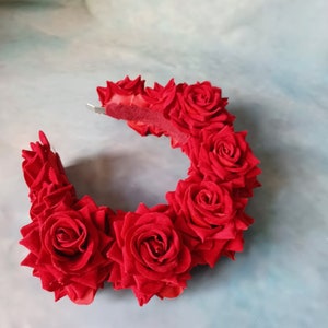 Red Frida Kahlo velvet flower hairband, flower crown, rose hairpiece, festival flowers image 8