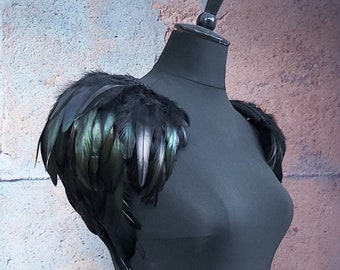 Black feather wings,  iridescent feather epaulette shoulder pieces, black wings, feather shoulders