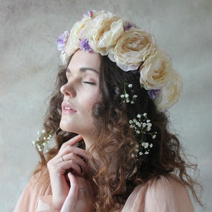 Cream and lilac flower crown, floral garland, wedding headpiece. image 1