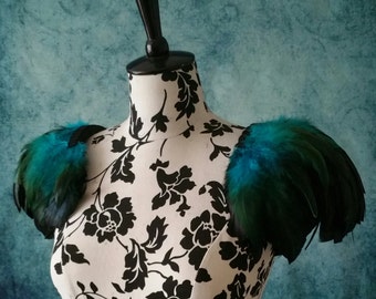 Teal and black feather shoulder epaulette, feather wings, feather shoulder pieces