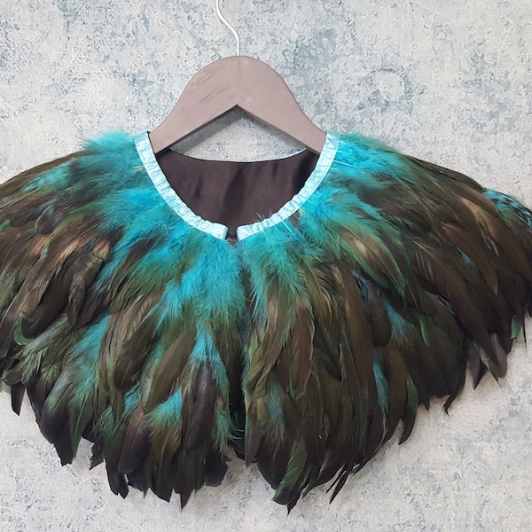 Teal and black feather shrug, steampunk cape, feathered capulet
