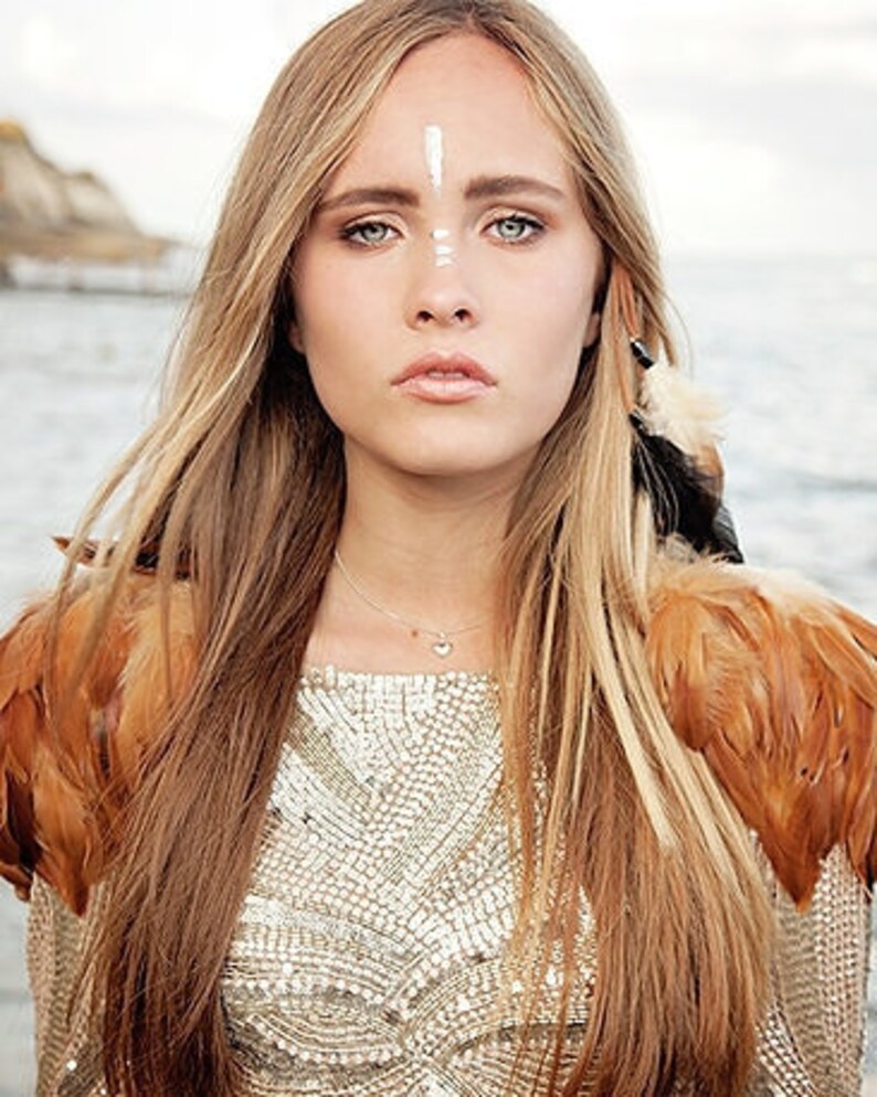 tribal feather shoulder pieces feather wings Tan feather shoulder epaulette