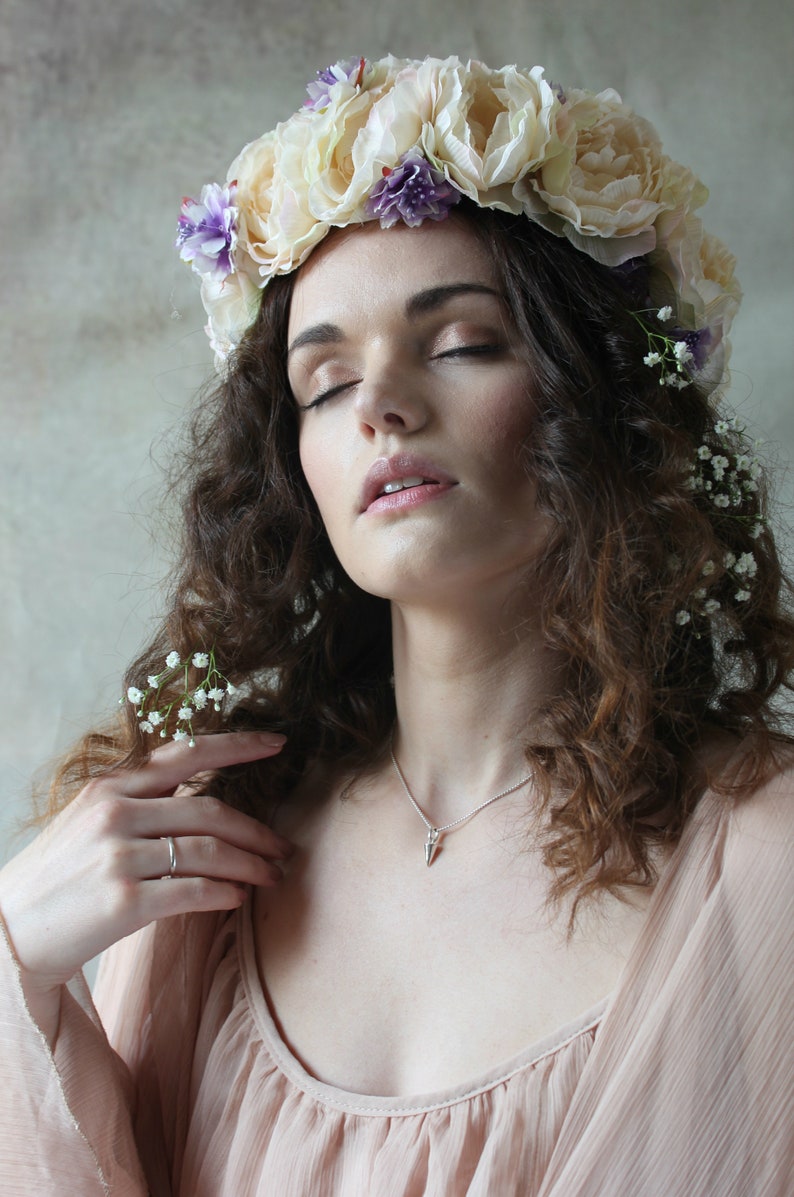 Cream and lilac flower crown, floral garland, wedding headpiece. image 4