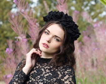 Black velvet flower hairband, flower crown, rose hairpiece, festival flowers