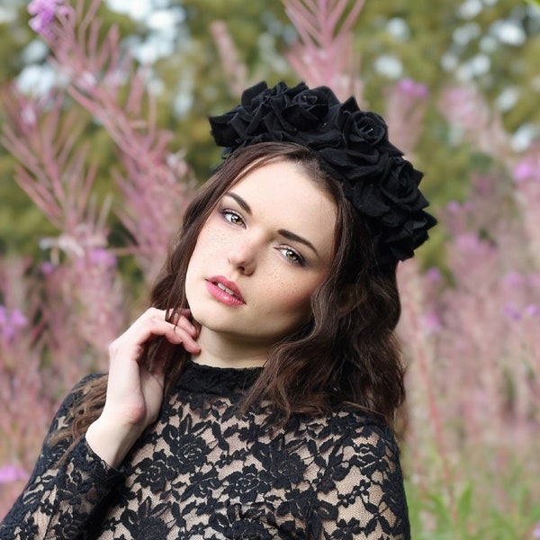 Black velvet flower hairband, flower crown, rose hairpiece, festival flowers